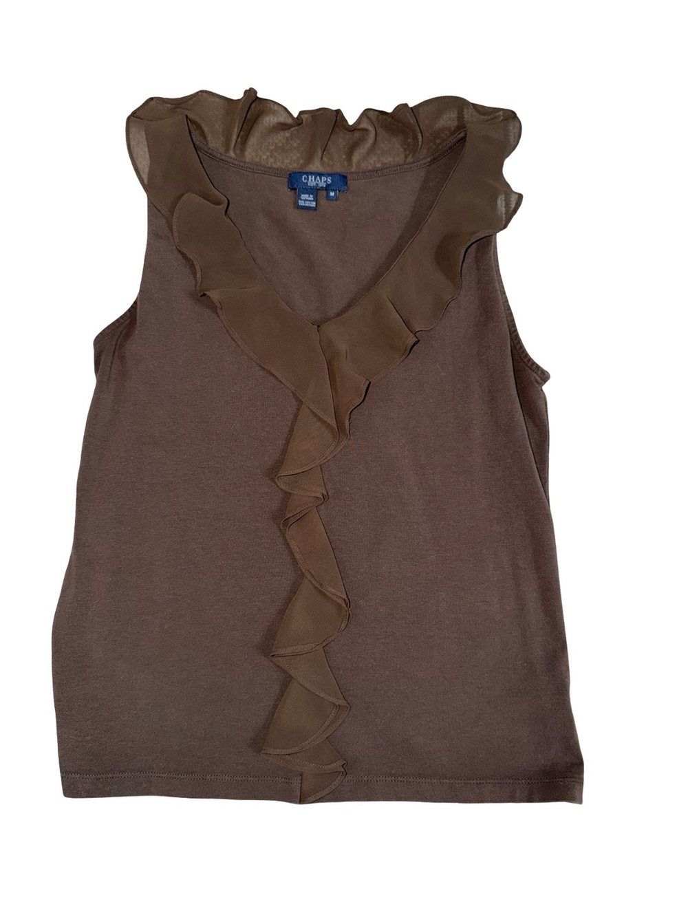 Chaps Women’s Ruffle Sleeveless Top Size M Brown V-Neck Y2K